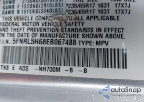 2014 Honda Odyssey Ex-L z USA, uszkodzony, nr VIN 5FNRL5H68EB067488